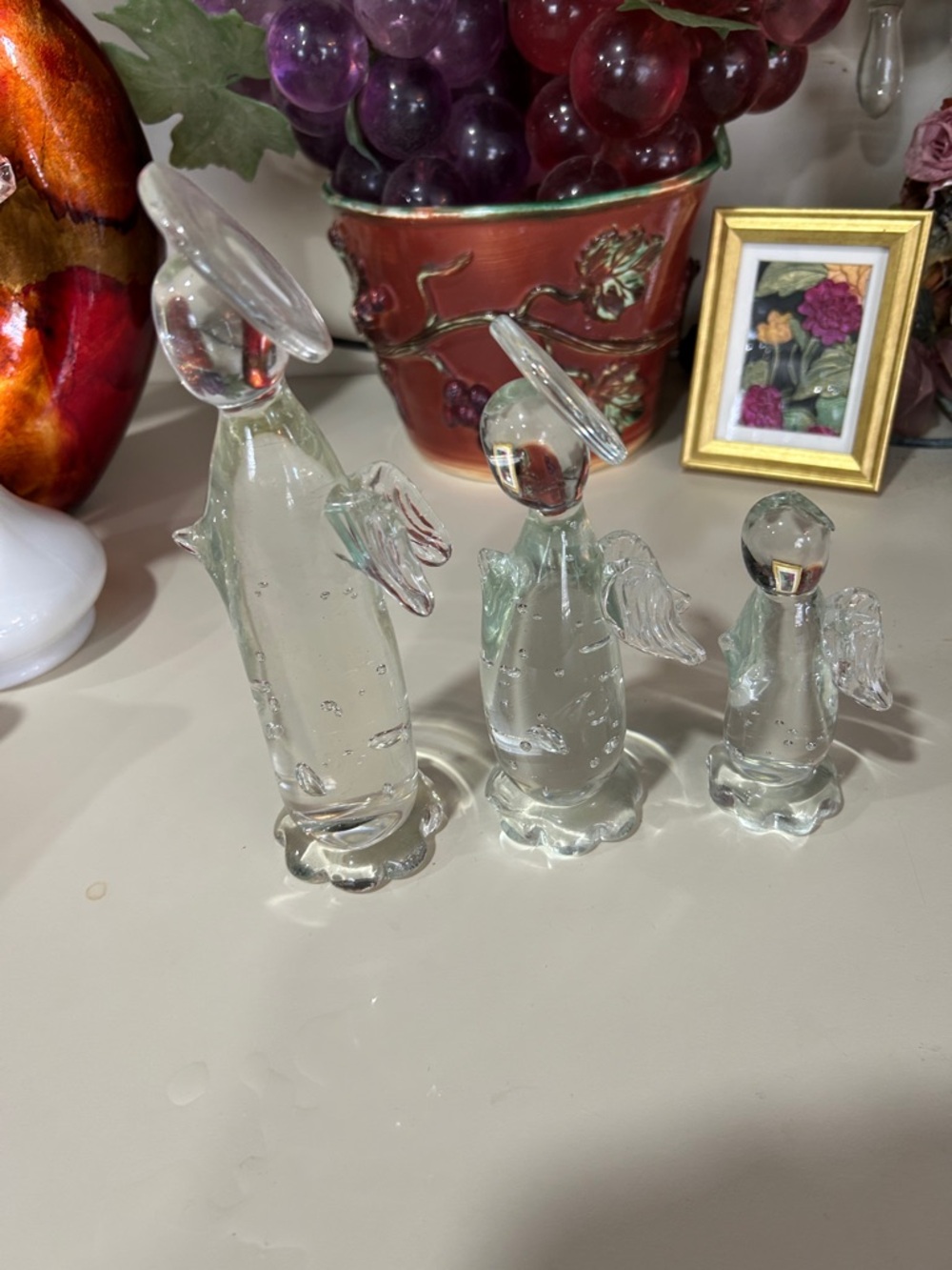 Vintage praying angels with halos clear bubble Glass Angel Figurines Set